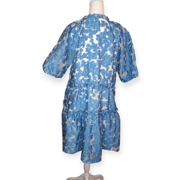 Maeve By Anthropologie Tiered Jacquard Lace Dress Puff Sleeve Blue Size Small - Picture 4 of 9